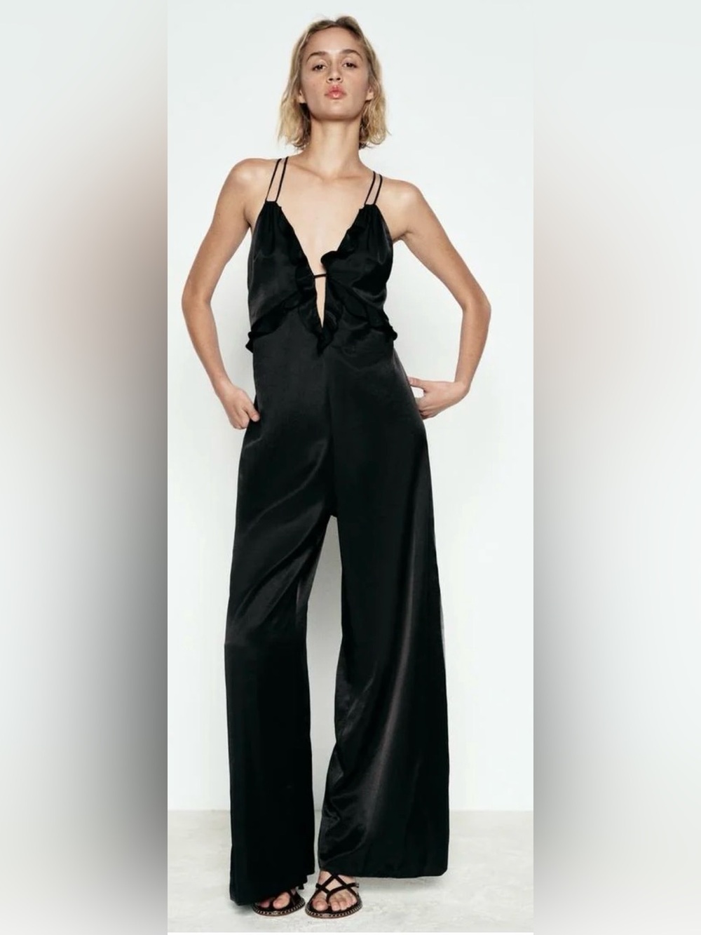 Zara Black Ruffle-Trim Wide-Leg Strappy Jumpsuit